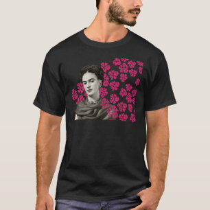 Camiseta Impresión de Frida Kahlo, flores de colores, negro