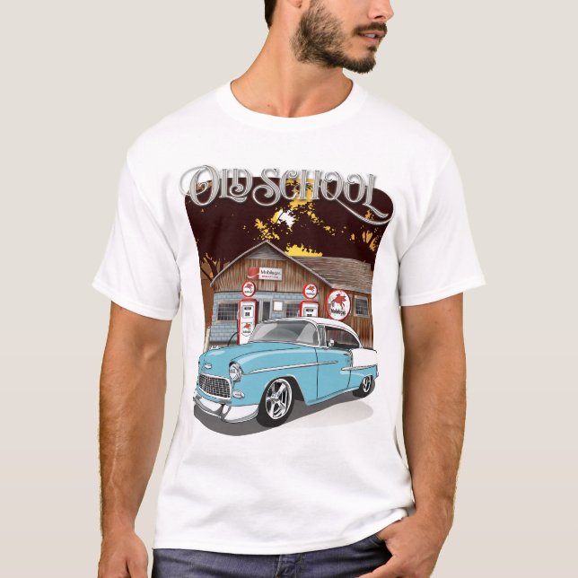 Camiseta Impresión de la escuela antigua Skyline Blue Chevy (Anverso)