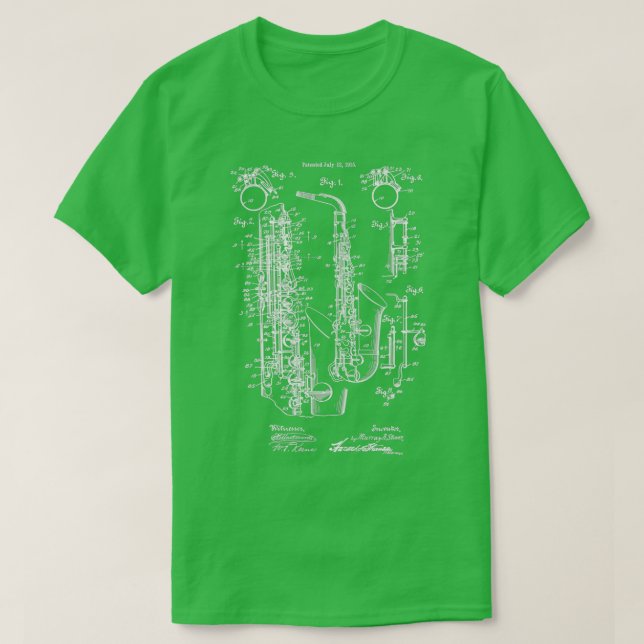 Camiseta Impresión de patente de venado de jazz saxofón 191 (Diseño del anverso)