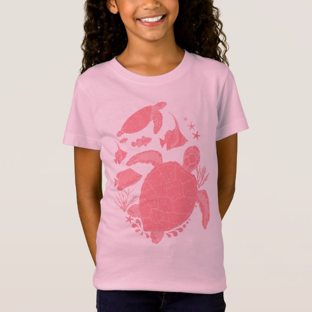 Camiseta Impresión oceánica de tortugas y peces rosas (Anverso)