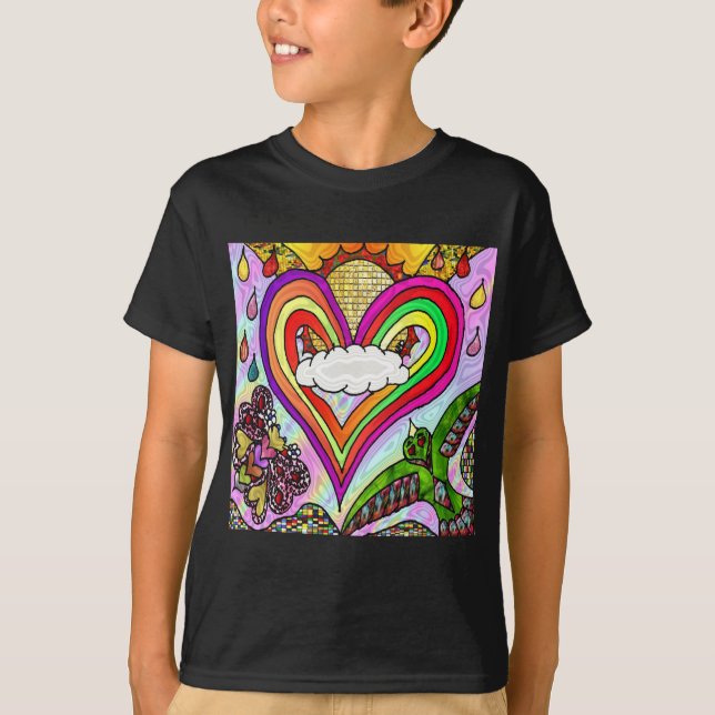 Camiseta Impresión psicodélica de arte cardíaco arcoiris (Anverso)