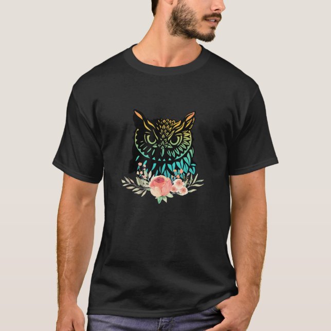 Camiseta Impresionante Cabeza De Lechuza Colorida Con Rosa (Anverso)
