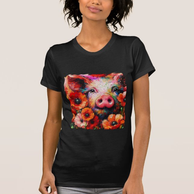 Camiseta Impresionante cerdo en flores de amapola roja (Anverso)