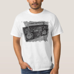CAMISETA IMPRIMACIÓN RETRO DE BOOMBOX ESTROPEADA DE LOS 80.