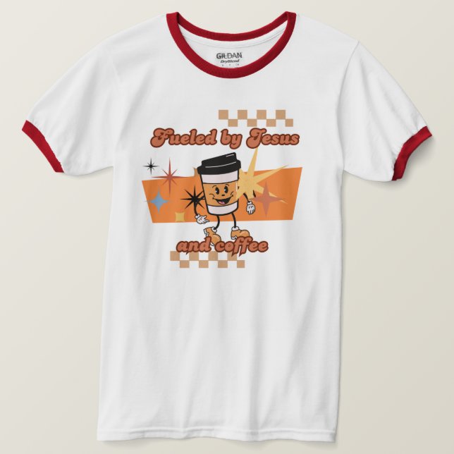Camiseta Impulsado por Jesús y el unisexo del retro del caf (Anverso del diseño)