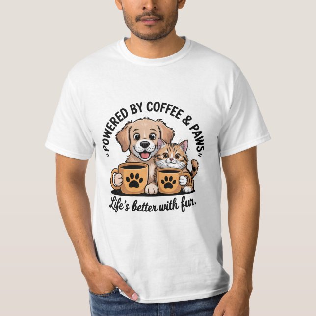 Camiseta Impulsado por tazas de café y Mascotas (Anverso)