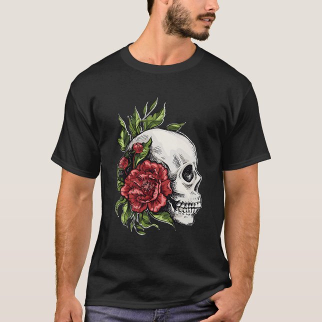 Camiseta Increíble Diseño De Flores Con Calavera Y Rosas (Anverso)