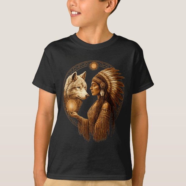 Camiseta Indian Native American Woman With White Wolf Vinta (Anverso)