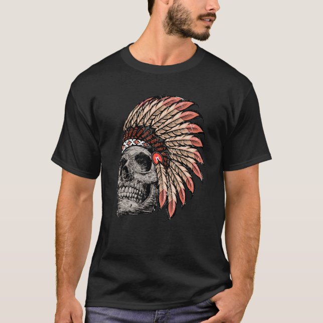 Camiseta Indio Feather Headdress Chief Skull Native Americ (Anverso)