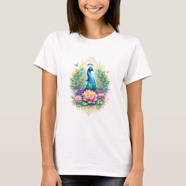 Camiseta Indischer Frühling - Pfau mit Lotus & Gold (Anverso)