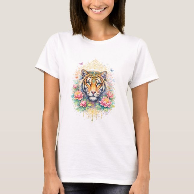 Camiseta Indischer Frühling - Tiger mit Lotus & Gold (Anverso)