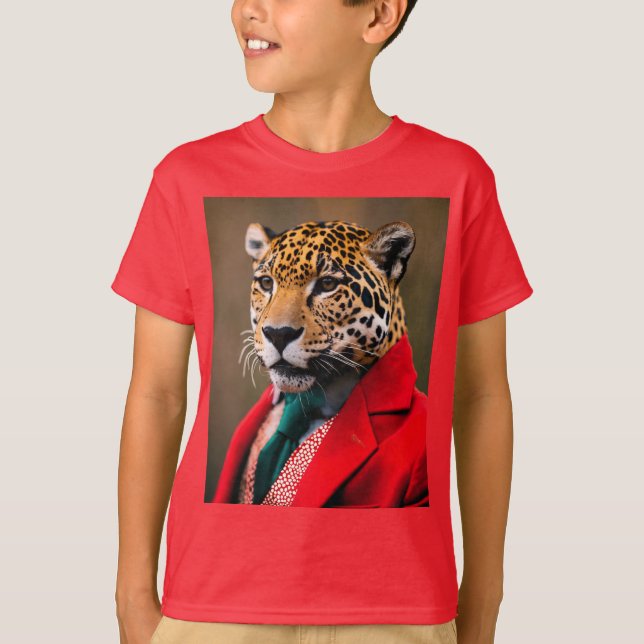 Camiseta infantil con Jaguar feliz en un traje roj (Anverso)