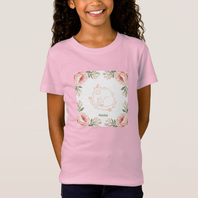Camiseta infantil de flores de gatito personalizad (Anverso)