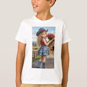 Camiseta infantil de vaquera linda con rosas rojas