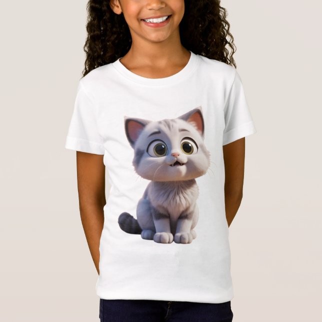 Camiseta Infantil Feminina Gato em Jersey Fina 3D (Anverso)
