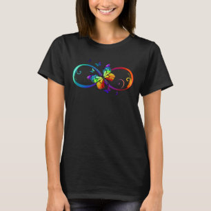 Camiseta Infinito vibrante con mariposa arco iris sobre neg