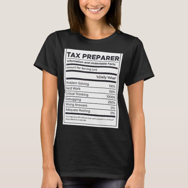 Camiseta Información de nutrición del preparador de impuest (Anverso)