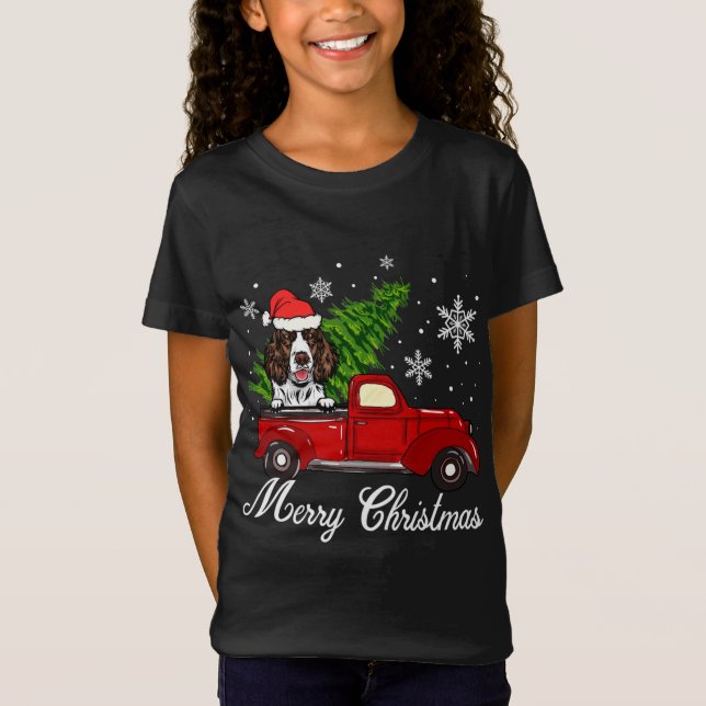 Camiseta Inglés Springer Spaniel Dog Riding Red Truck Chris (Anverso)