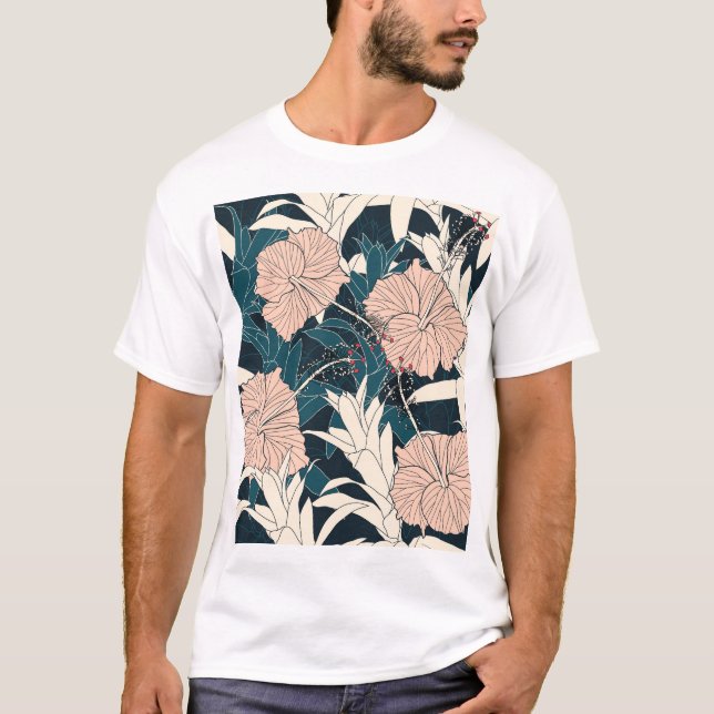 Camiseta Inhibisco rosa tropical, fondo oscuro (Anverso)
