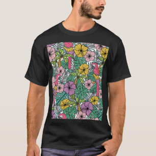Camiseta Inhibisco tropical, palma, patrón de loros.