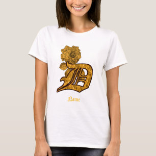 Camiseta Inicial de monograma D Flor de Peonía Dorada Perso
