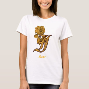 Camiseta Inicial de monograma I Flor de peonía dorada Perso