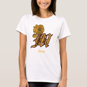 Camiseta Inicial de monograma M Flor de Peonía Dorada Perso