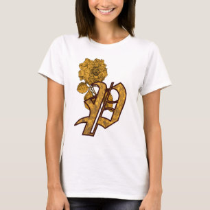 Camiseta Inicial de monograma P Elegante flor de peonía dor