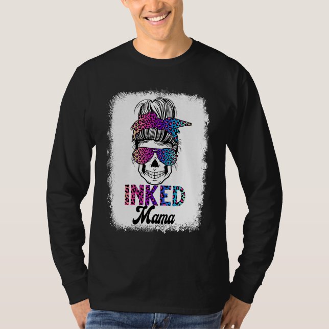 Camiseta Inked Mama Bleached Leopard Messy Bun Skull Mom (Anverso)