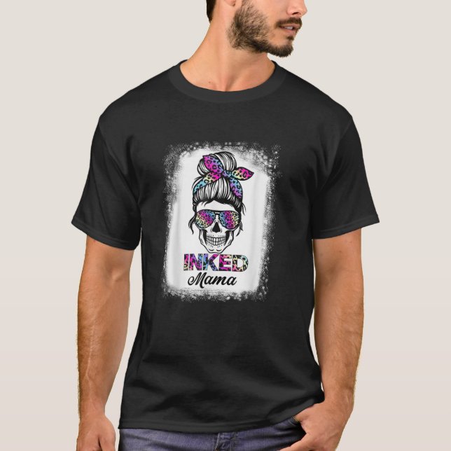 Camiseta Inked Mama Rainbow Leopard Print Messy Bun Skull M (Anverso)