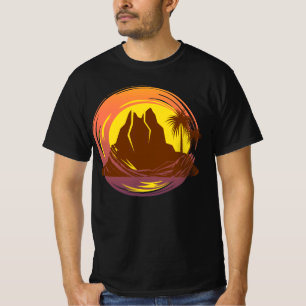 Camiseta Insignia con paisaje de volcán tropical y palmeras