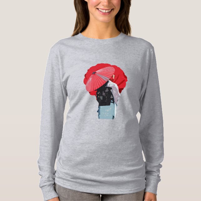 Camiseta Intenso Vermelho Inspiração Japonesa com Sombrinha (Anverso)