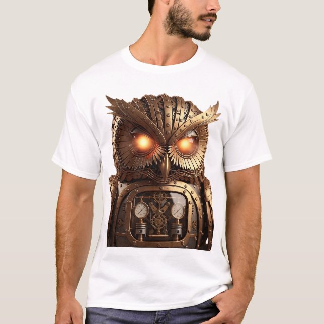 Camiseta Intricate Steampunk Owl Automaton with Glowing Eye (Anverso)