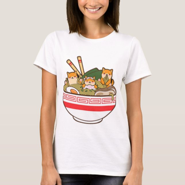 Camiseta Inu shibas comiendo fideos de Ramen en camiseta, K (Anverso)