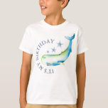 Camiseta Invitado de honor T-Shirt Birthday Boy Nautical<br><div class="desc">Esta camiseta de honor muestra un ilustracion de una ballena en tonos azules. Las palabras "Es mi cumpleaños" están fijadas en un tipo de letra clásico. Utilice los campos de plantilla para agregar el texto personalizado. Una encantadora elección para las fiestas de cumpleaños de los niños. Arte y diseño por...</div>