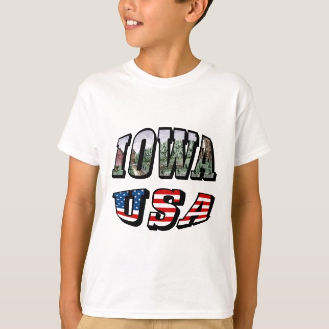 Camiseta Iowa Bandera de EE.UU. y niños de texto de foto es (Anverso)
