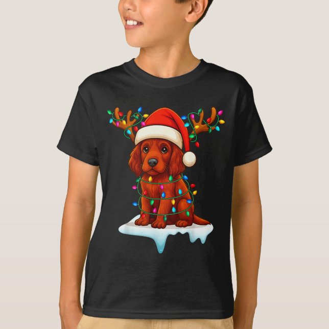 Camiseta Irish Setter Christmas Santa Hat Reindeer Lights P (Anverso)