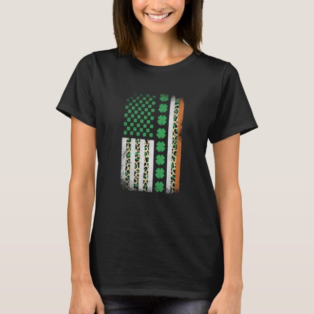 Camiseta Irish Shamrock American Flag Leoopard Print St Pat (Anverso)