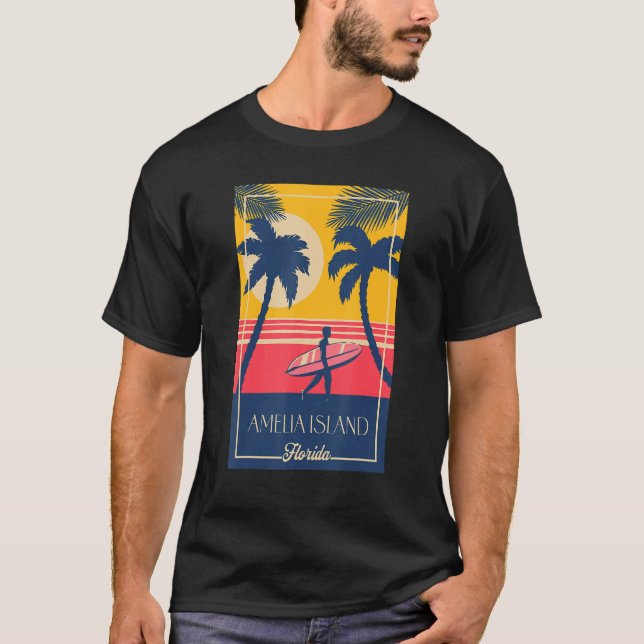 Camiseta Isla Amelia Florida Retro Surfer Beach Sunset De (Anverso)