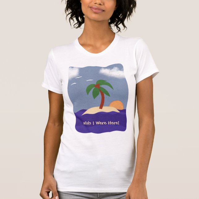 Camiseta Isla con Palmeras, Atardecer y Gaviotas (Anverso)