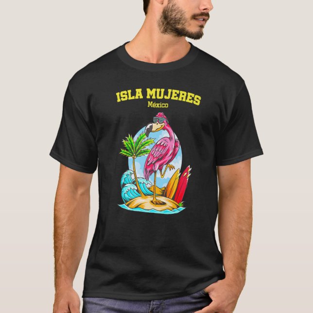 Camiseta Isla Mujeres México Flamingo Wave Surfboard (Anverso)