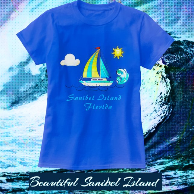 Camiseta Isla Sanibel FL Sailboat y Sun (Sanibel Island Sailing Vacation Shirt - available with color choices)