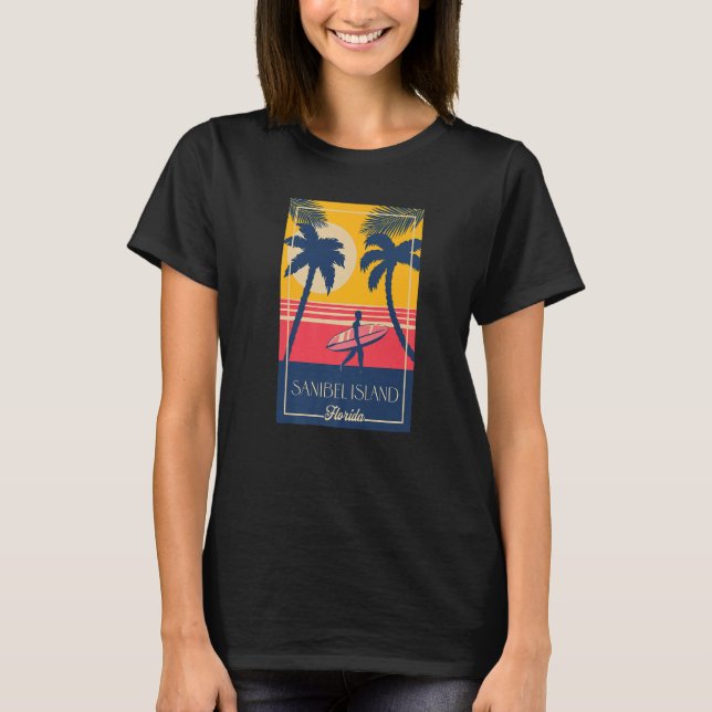 Camiseta Isla Sanibel Florida Retro Surfer Beach Sunset (Anverso)