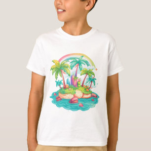 Camiseta Isla tropical con palmeras y arcoiris