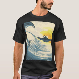 Camiseta Isla tropical, ola, puesta de sol surfista.