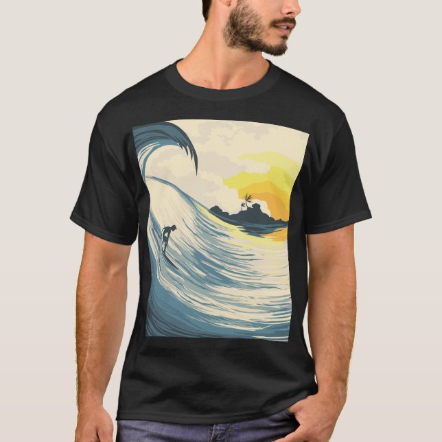 Camiseta Isla tropical, ola, puesta de sol surfista. (Anverso)