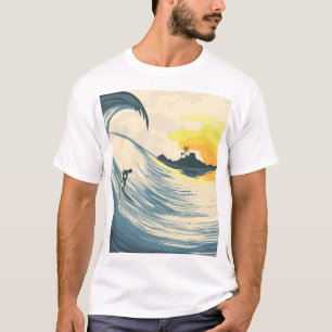 Camiseta Isla tropical, ola, puesta de sol surfista.