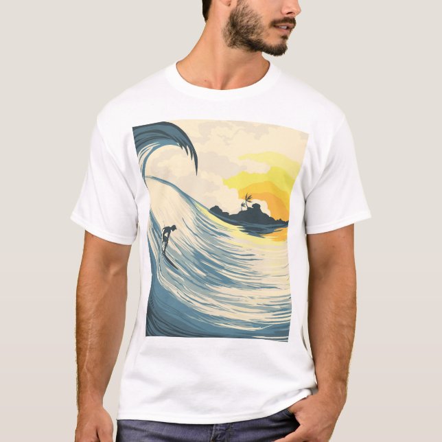 Camiseta Isla tropical, ola, puesta de sol surfista. (Anverso)