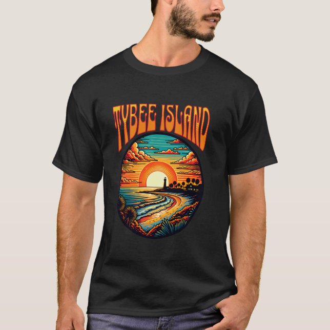 Camiseta Isla Tybee Sunset Icónico faro y costa (Anverso)