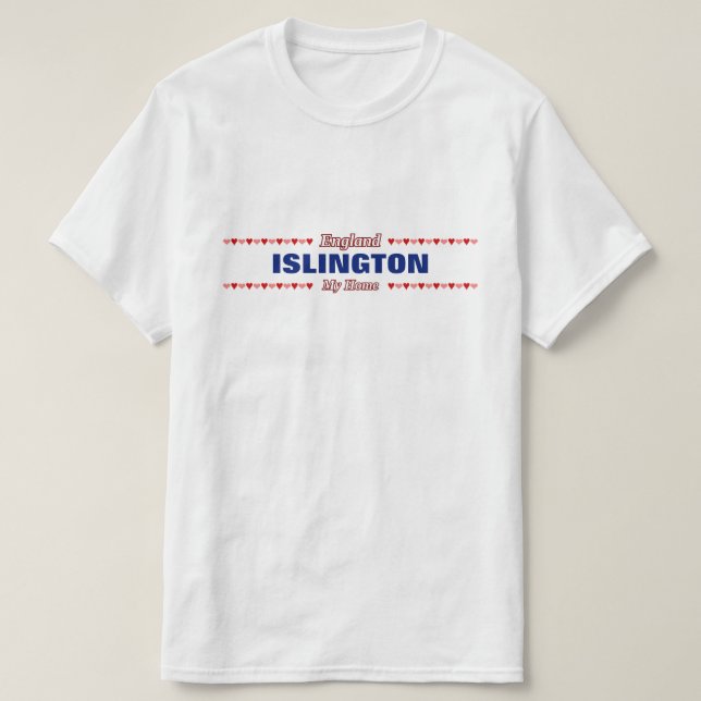 Camiseta ISLINGTON - Mi hogar - Inglaterra; Corazones rojos (Diseño del anverso)